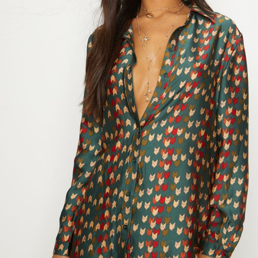 WORN ONCE-Green Chevron Print Oversized Shirt